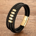 Black multilayer braided leather bracelet with golden metal bars and magnetic clasp - Black Leather Gold Clasp
