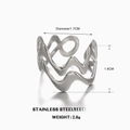 Silver stainless steel wavy line open ring with hollowed geometric design and 1.7cm diameter - Wave Line Style / Silver