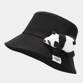 Close-up of black cotton bucket hat featuring a 3D plush panda and woven side label - Black