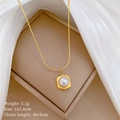 Detail view of gold titanium necklace with pearl pendant and size specifications - Gold Square Pearl Style (T515)