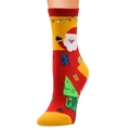 Detail of Christmas mid-calf sock featuring Santa Claus, holiday tree and gift box patterns - Santa Claus