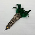 Gothic black lace arm warmers featuring dark green feathers and golden embroidery details - Green