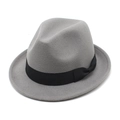 Detail view of a grey wool fedora hat with a black grosgrain ribbon and bow accent - M (56-58cm) / Light Gray
