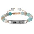 Detailed view of rectangle metal plate engraved with eye pattern on beaded bracelet - Amazonite Bracelet - Silver Metal Plate