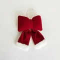 3D Red velvet Christmas bow ornament with white faux fur trim and hanging rope - Wine Red With White Trim (Small)