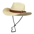Detailed view of beige straw cowboy hat with brown leather band and metallic buckle - M(56-58cm) / Beige