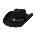 Classic black felt cowboy hat with ethnic floral embroidery and turquoise stone accent - Wide Embroidered Band / Black