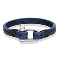 Bracelet pour homme en cuir bleu double couche avec fermoir en U en acier argenté - Bleu-noir