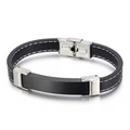 Bracciale da uomo in pelle nera con cuciture bianche e chiusura in acciaio inossidabile - Stile Piastra Metallica Cucitura Bianca Nero Argento (KB143551-YY)