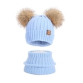 Sky blue kids knit hat and neck warmer set with dual faux fur pom poms for winter warmth - Two-Piece Set / Lake Blue