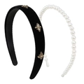 Elegant black velvet headband with gold bees and classic white pearl hair accessory set - Little Bee Pearl Set