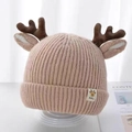 Gemütliche Strick-Babymütze mit 3D-Rentiergeweih in weichem Rosa-Braun-Ton - Khaki - Hirschohren