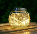 Solar crackle glass jar light with jute rope handle and warm white LED glow - New Style 30 LED Wrapped Edge Warm Light