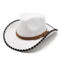 White western cowboy hat with black braided edge and brown buckled band on white background - M(56-58cm) / White