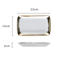 White rectangular ceramic dessert plate with gold rim showing dimensions 23x14x3cm - 9 Inch Rectangular Plate / Brushed Gold Rim