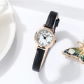 Vintage gold case watch with white Roman dial and textured black leather strap - Black