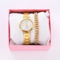 Gold quartz watch with sparkling Roman dial and matching double-row rhinestone bracelet - Gold Watch Double Row Rhinestone Bracelet Set (Pink Box)