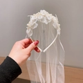 White lace flower girl headband with pearls and tulle veil for birthday outfit - 4# Bow Beige
