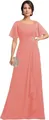 Elegant coral chiffon evening gown featuring butterfly sleeves and rhinestone waist detail - US size 2 / Top And Bottom / Coral