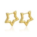 Detail shot of gold star-shaped hoop earrings with textured grid pattern surface - Gold Pentagram Style (MS-743)