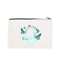 White canvas pouch with blue and green butterfly print ring and black zipper closure - Flying Butterflies