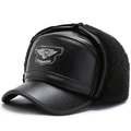Men's winter faux leather baseball cap with ear flaps and warm faux fur lining - Adjustable / Black