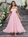 Elegante roze gestippelde mesh A-lijn jurk met spaghettibandjes en off-shoulder ruches - S / Roze