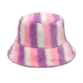 Close-up of pink and purple rainbow striped faux fur bucket hat texture and plush design - M (56-58cm) / Pink Purple White (6#)