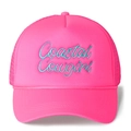 Pink Coastal Cowgirl trucker hat with blue embroidery and mesh back for outdoors - Rose Red