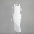 Detail view of the white square neck dress showing soft cotton-linen texture and slim fit - S / White