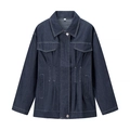 Abito corto in denim blu scuro con colletto a punta, vita sciancrata e cuciture bianche a contrasto - S / Blu scuro