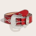 Red crocodile texture belt with vintage embossed silver buckle and metal rivets - Red