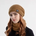 Winter thermal knit beanie hat and neck warmer set in caramel brown with sport label - Khaki