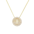 Golden round necklace with cross镂空 pendant and radiant zircon halo on white background - Gold