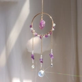 Rainbow suncatcher with purple crystal stones and golden metal ring decoration - Amethyst
