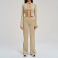 Completo sportivo donna 3 pezzi kaki con giacca zip, reggiseno sportivo e pantaloni - Taglia S / Top E Pantaloni / cammello chiaro