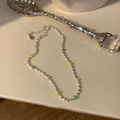 Exquisite silver beaded bracelet with colorful pink yellow and green accents for women - Colorful Bead String (SL1070)