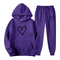 Purple lounge set with black heart prints featuring a drawstring hoodie and matching joggers - S / Purple