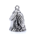 Vintage silver guardian bell pendant with praying hands and rosary relief - Praying Hands Bell Antique Silver + Key Ring