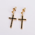 Gold stainless steel cross earrings with black rhinestone inlay on white background - Gold Black Zirconia