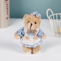 Brown teddy bear plush keychain wearing blue checkered dress and beige apron - Blue Bowknot Female Bear / 11cm