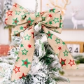 Vintage burlap Christmas bow with red and green glitter stars for tree topper decoration - Christmas Bow Style D (Star Pattern)