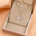 Silver cross necklace with micro-pave zircons on champagne satin jewelry box - 9208 / Silver
