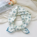 Silk-like white square scarf featuring blue floral print and contrasting blue border - Small Flower Blue