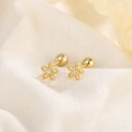 Gold flower stud earrings with zircon inlay and screw ball back on white fabric - Small Flower Style (C102) / Gold