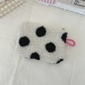 Plush heart-shaped coin purse with black and white polka dots and pink zipper - White Background Polka Dots