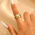 Gold wide band ring with round zircon and star settings on index finger model - Round Zircon Star Embellished Wide Style (5322)