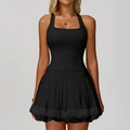 Women's black backless yoga set with square neck halter top and ruffled mesh skirt - S / Top And Bottom / Vest + Skirt (2033) / Premium Black