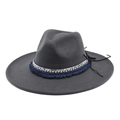 Close-up of dark grey wool felt fedora with blue fringe and silver sequin woven band - M (56-58cm) / Dark Gray