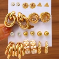 12-pair fashion earring set featuring gold-plated hoops and pearl studs on card - Gold Rhinestone Pearl Collection Style (5569001)
